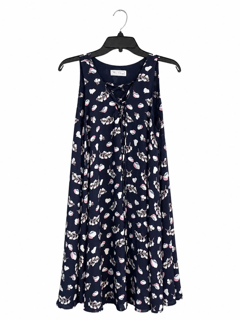 Blues & Greys Floral Swing Dress Women’s Large -No Size Tag Navy Blue Sleeveless